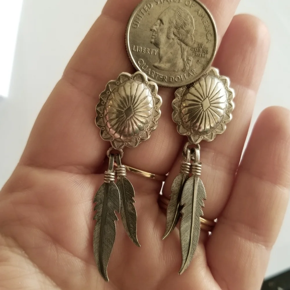 Vintage earrings Sterling Silver shield post Feather dangles 925 old pawn
